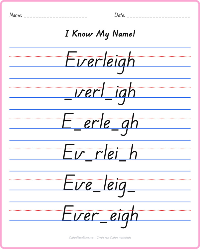 Free Everleigh custom name tracing - fill-in-the-blank free worksheet
