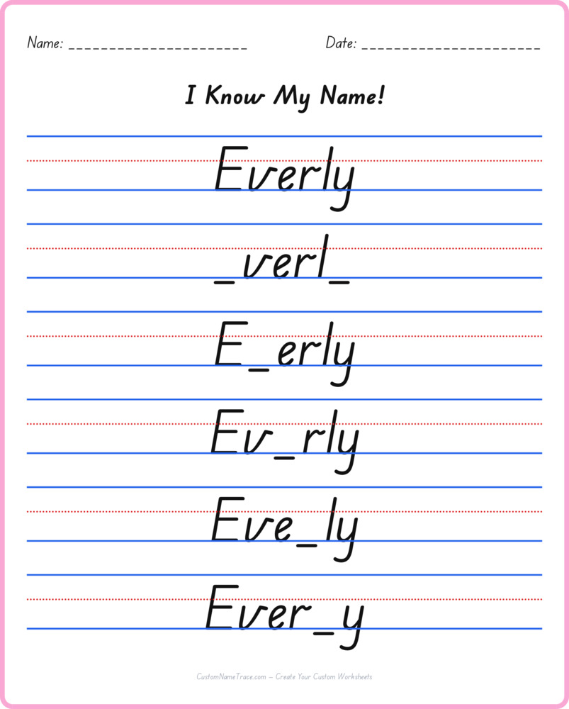 Free Everly custom name tracing - fill-in-the-blank free worksheet
