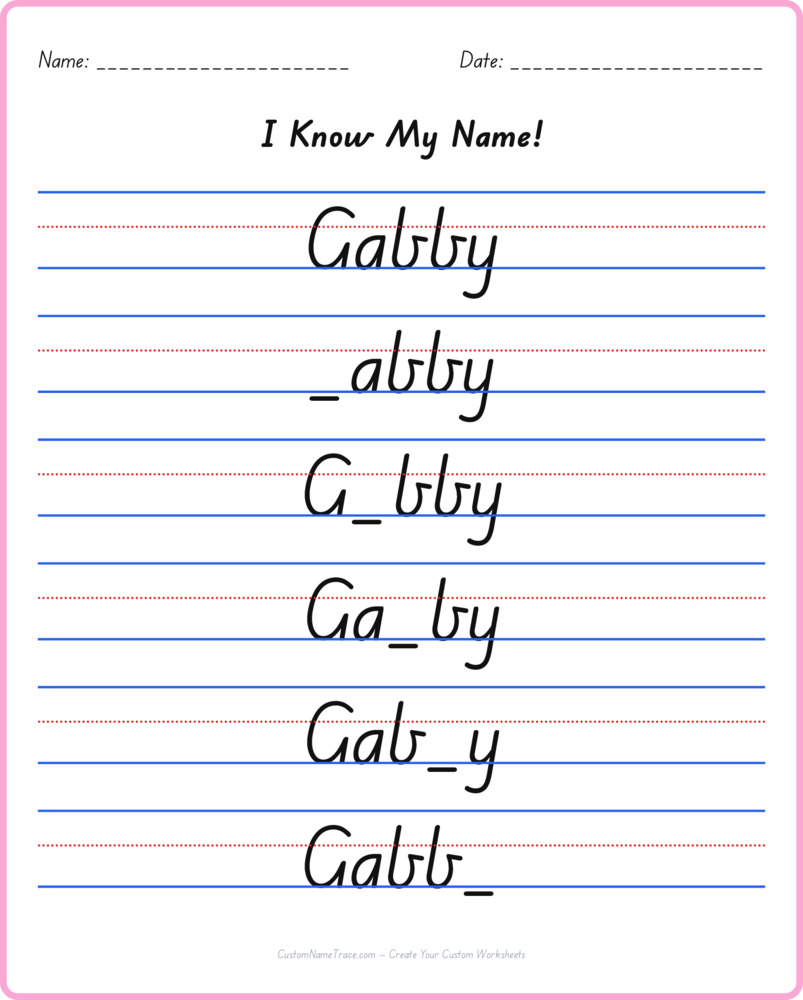Free Gabby custom name tracing - fill-in-the-blank free worksheet