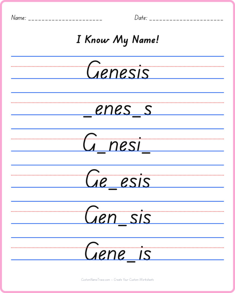 Free Genesis custom name tracing - fill-in-the-blank free worksheet