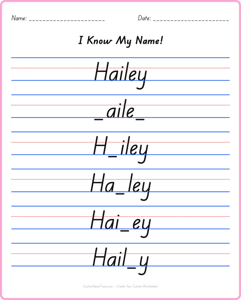 Free Hailey custom name tracing - fill-in-the-blank free worksheet