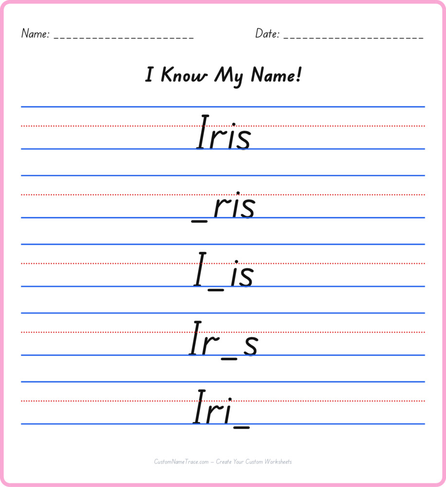 Free Iris custom name tracing - fill-in-the-blank free worksheet
