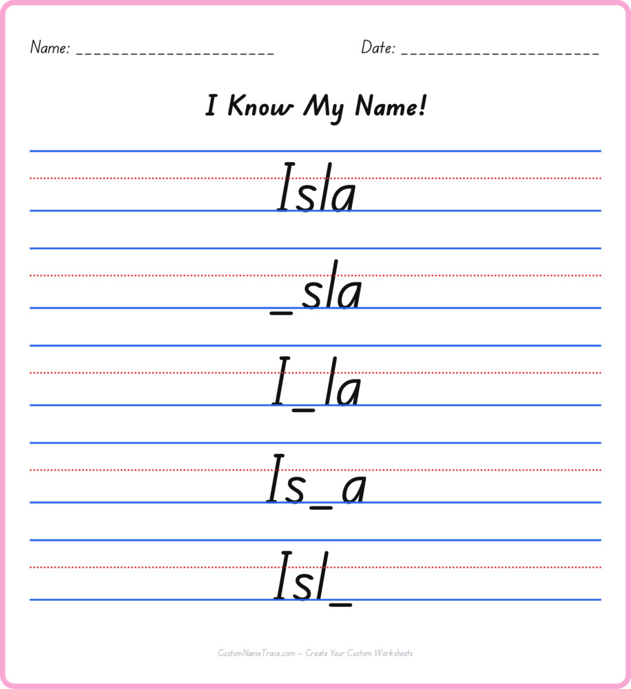 Free Isla custom name tracing - fill-in-the-blank free worksheet