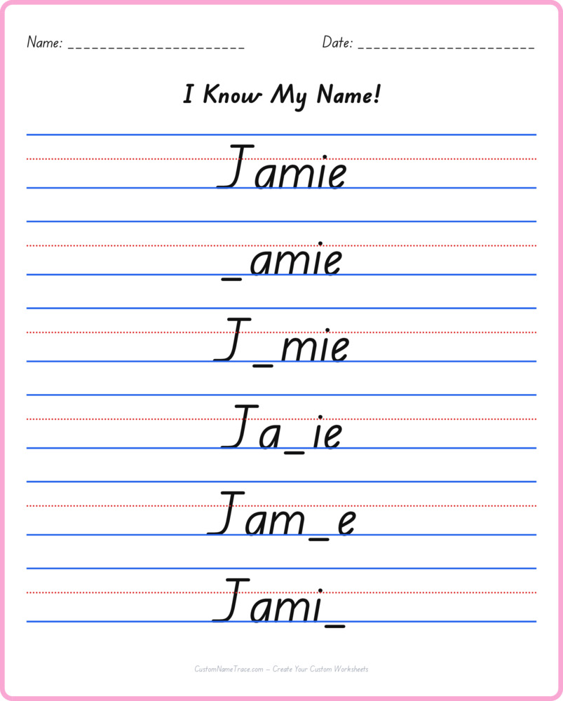 Free Jamie custom name tracing - fill-in-the-blank free worksheet