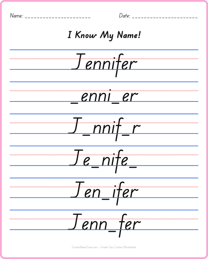 Free Jennifer custom name tracing - fill-in-the-blank free worksheet
