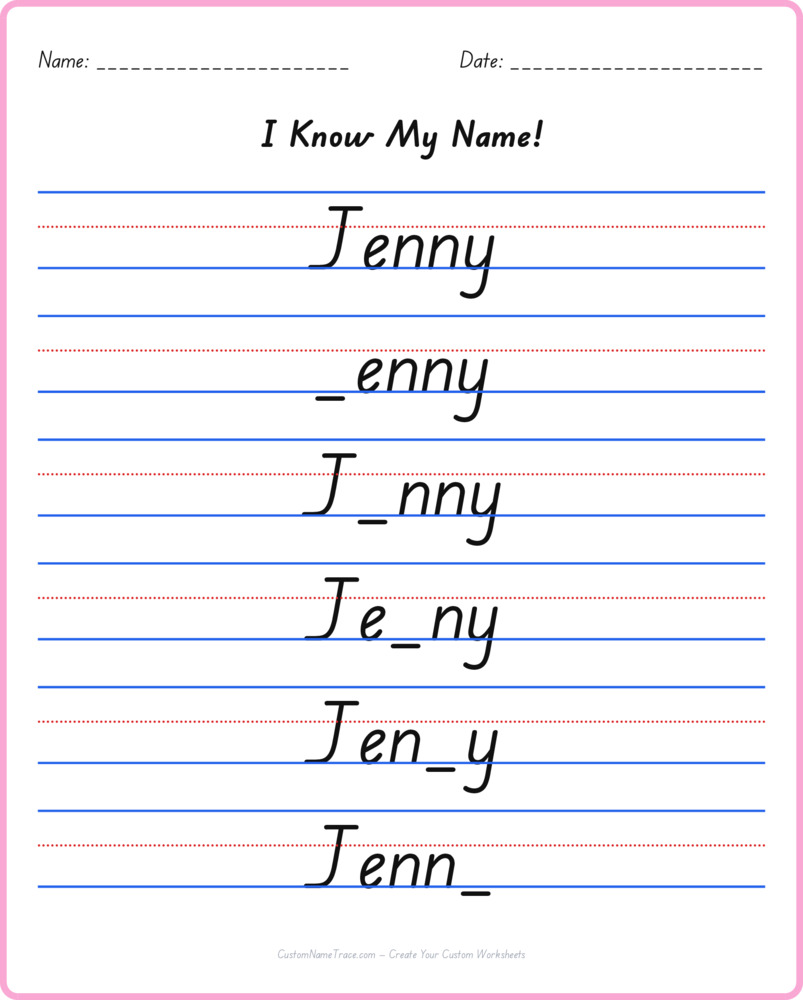 Free Jenny custom name tracing - fill-in-the-blank free worksheet