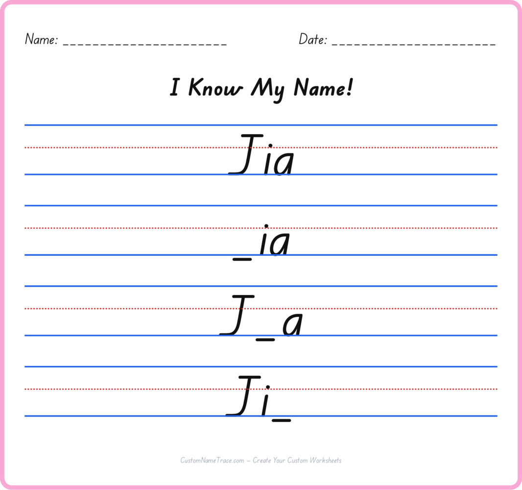 Free Jia custom name tracing - fill-in-the-blank free worksheet