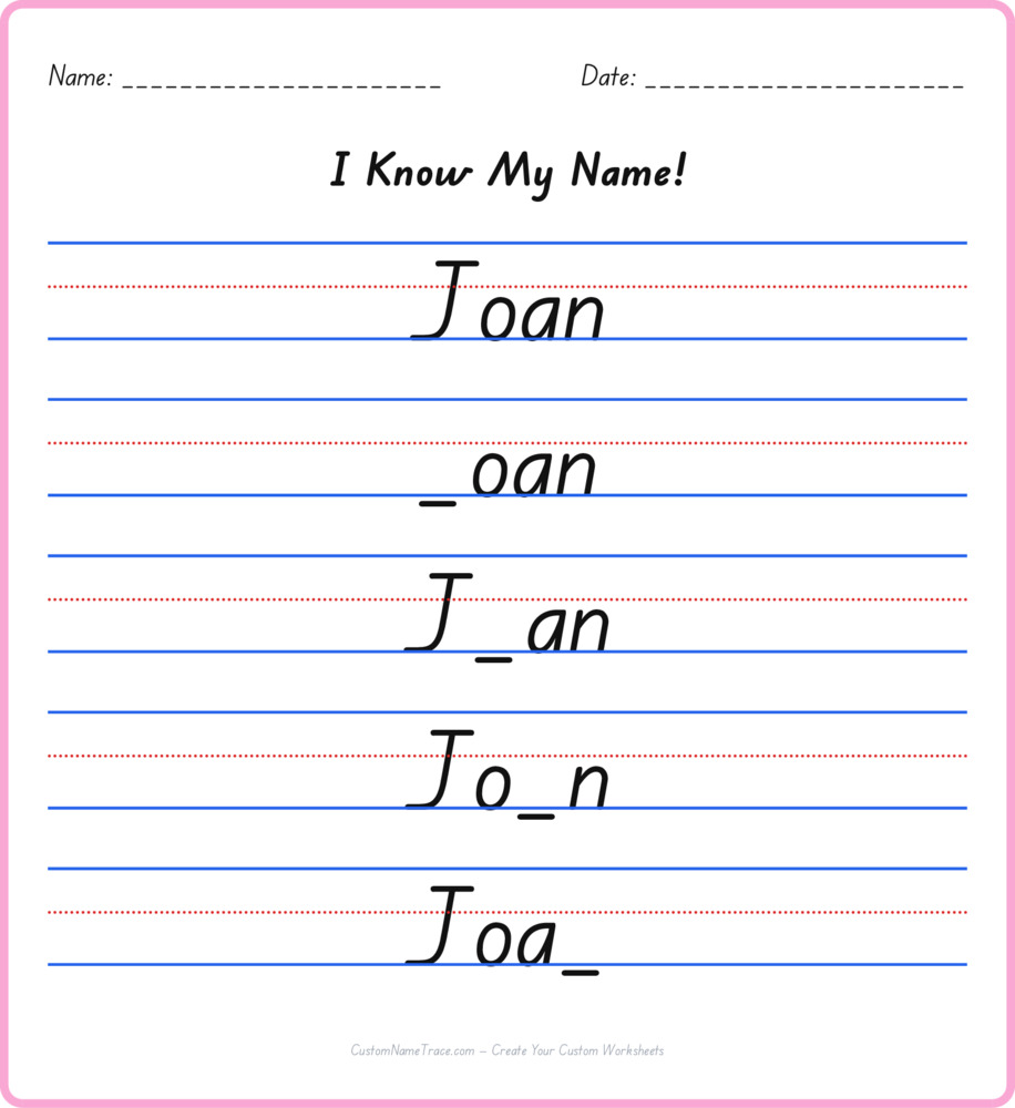 Free Joan custom name tracing - fill-in-the-blank free worksheet