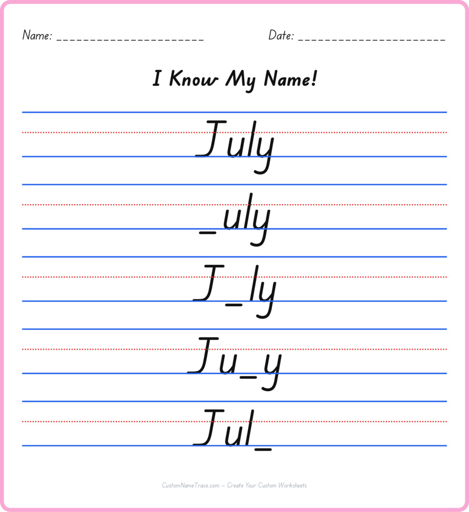 Free July custom name tracing - fill-in-the-blank free worksheet