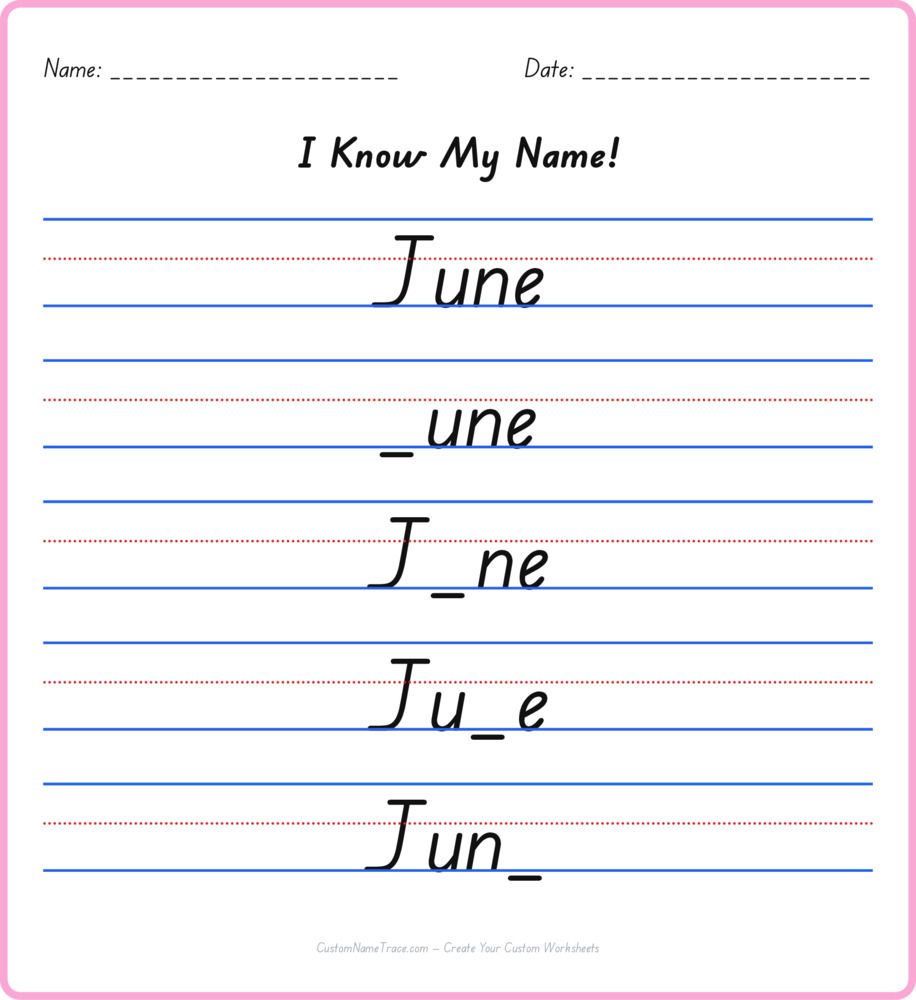 Free June custom name tracing - fill-in-the-blank free worksheet