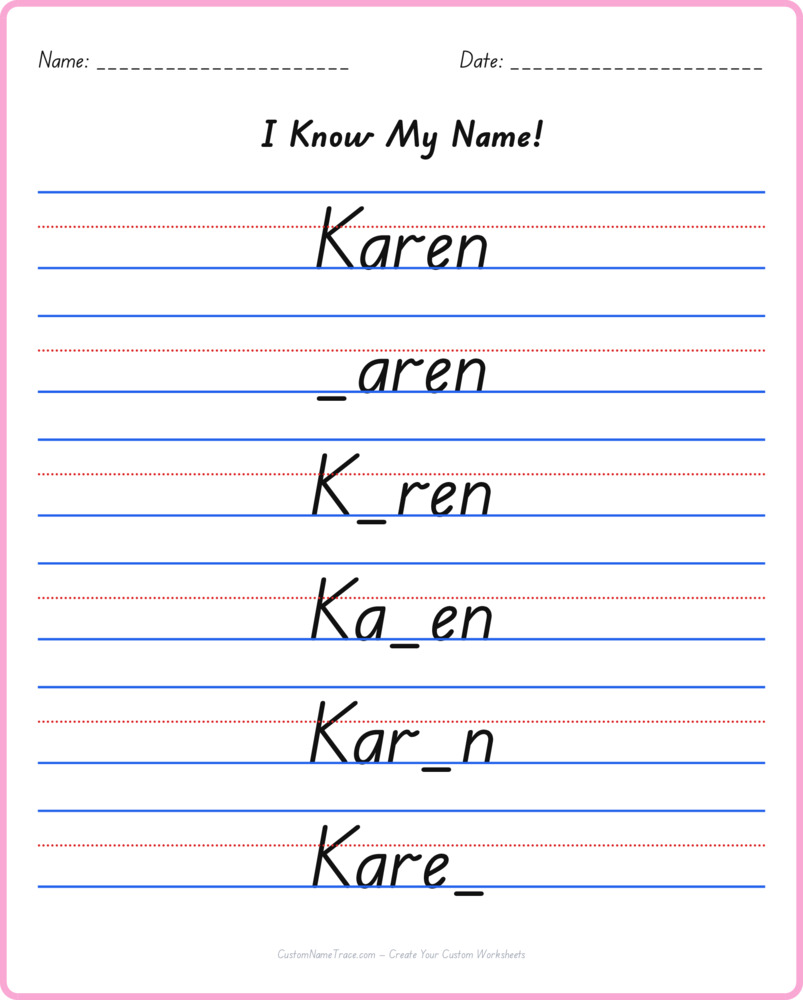 Free Karen custom name tracing - fill-in-the-blank free worksheet