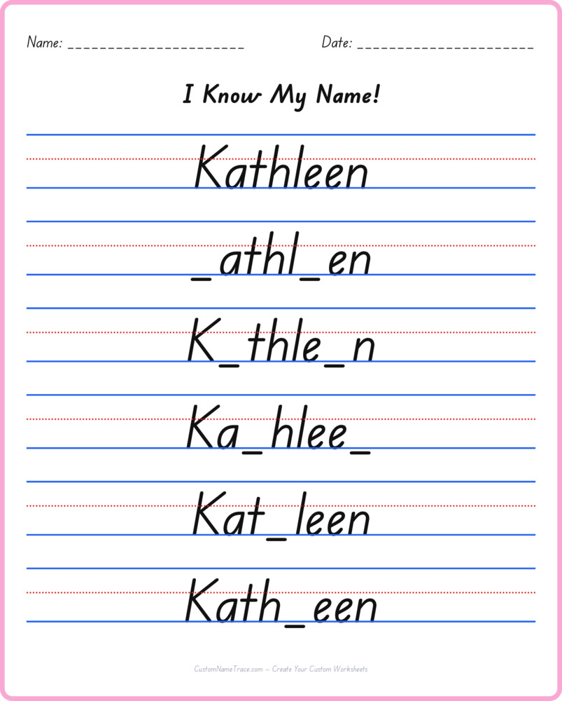 Free Kathleen custom name tracing - fill-in-the-blank free worksheet
