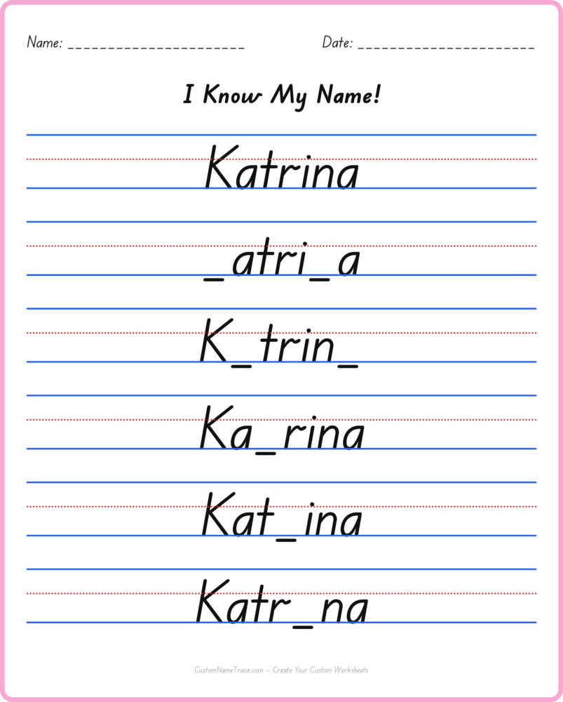 Free Katrina custom name tracing - fill-in-the-blank free worksheet