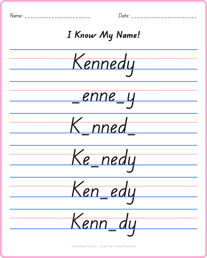 Free Kennedy custom name tracing - fill-in-the-blank free worksheet