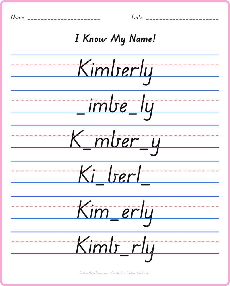 Free Kimberly custom name tracing - fill-in-the-blank free worksheet