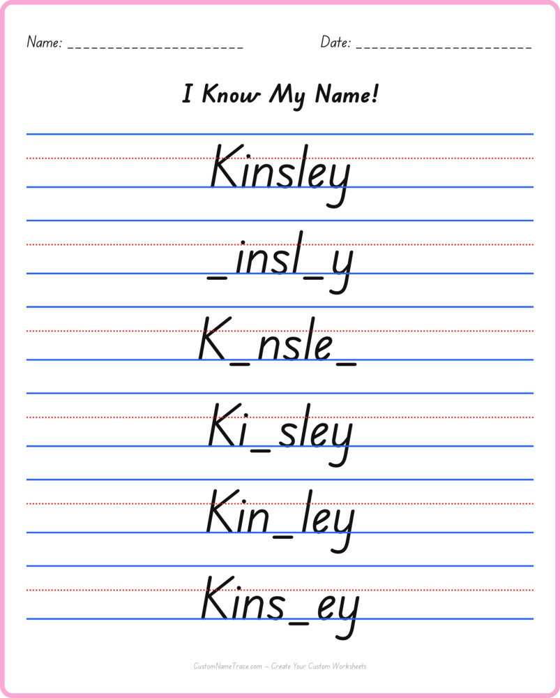 Free Kinsley custom name tracing - fill-in-the-blank free worksheet