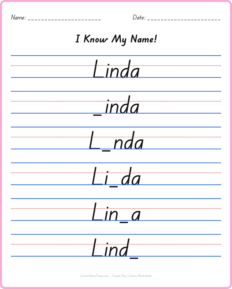 Free Linda custom name tracing - fill-in-the-blank free worksheet