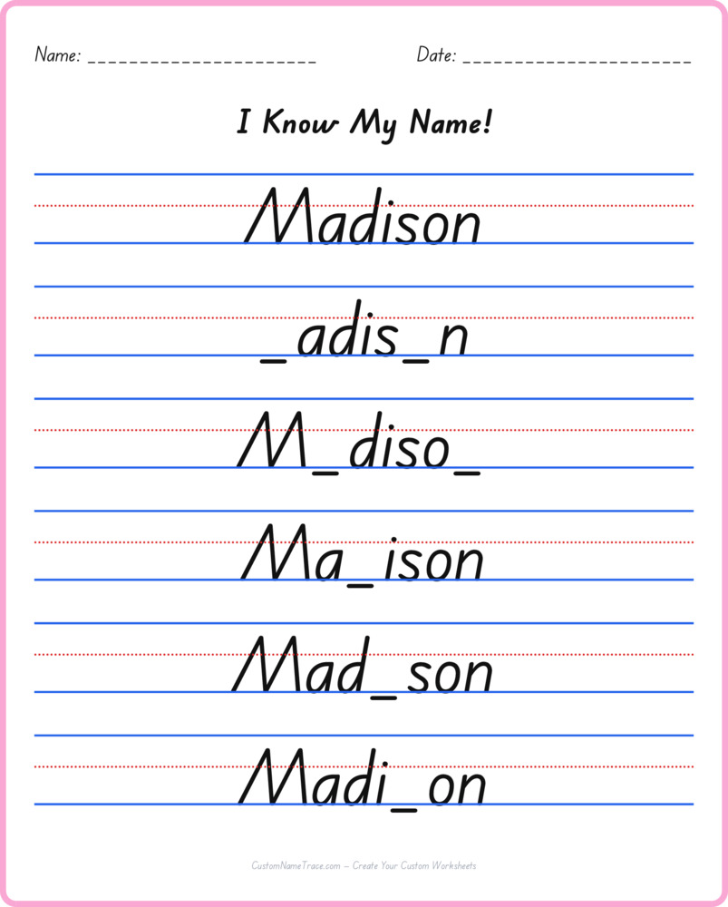 Free Madison custom name tracing - fill-in-the-blank free worksheet