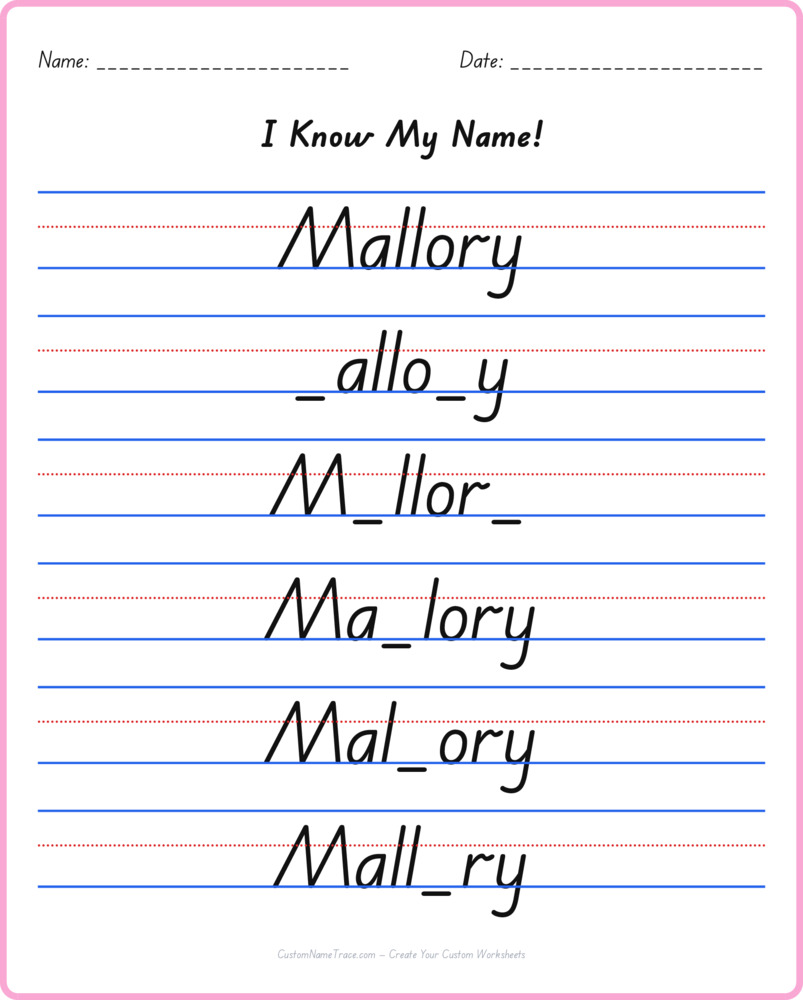 Free Mallory custom name tracing - fill-in-the-blank free worksheet