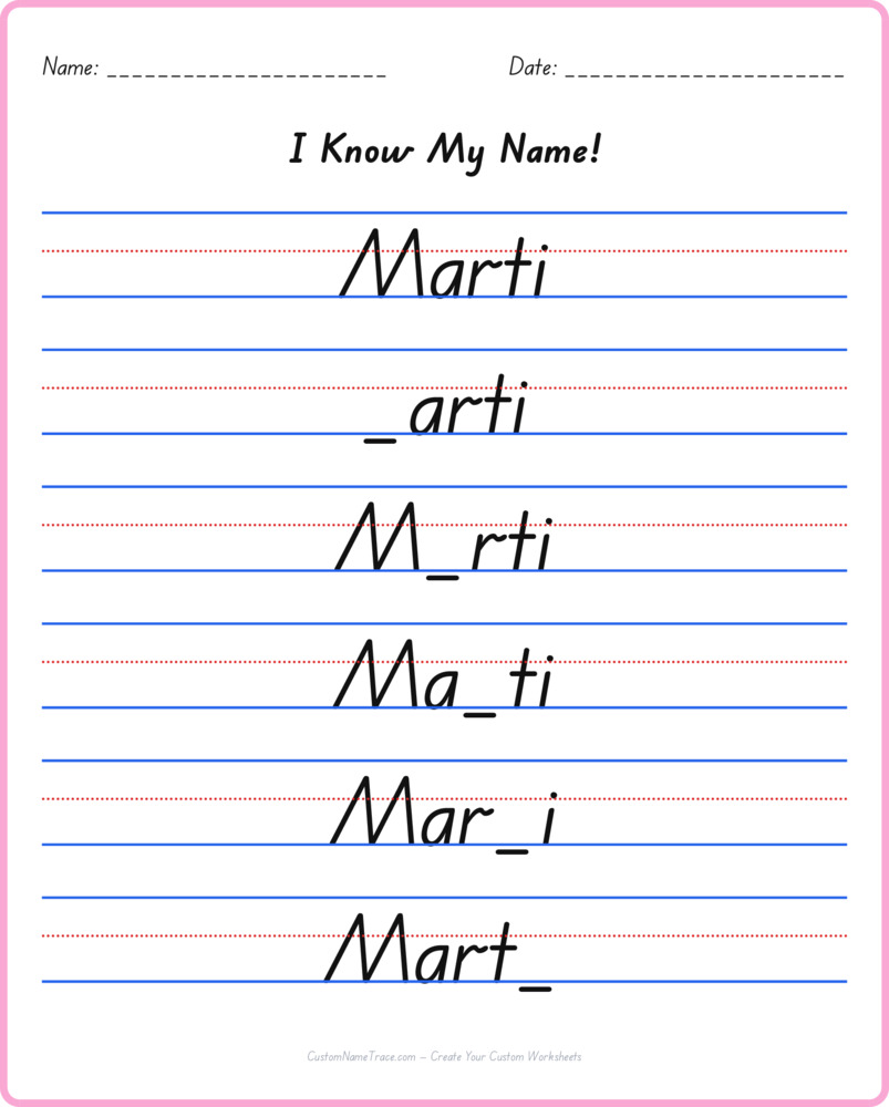 Free Marti custom name tracing - fill-in-the-blank free worksheet