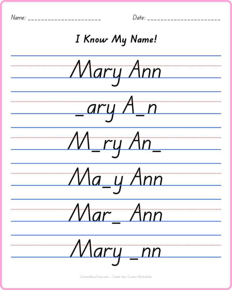 Free Mary Ann custom name tracing - fill-in-the-blank free worksheet
