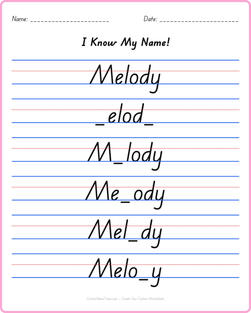 Free Melody custom name tracing - fill-in-the-blank free worksheet