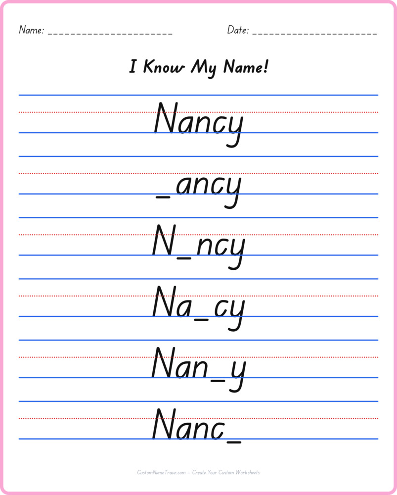 Free Nancy custom name tracing - fill-in-the-blank free worksheet