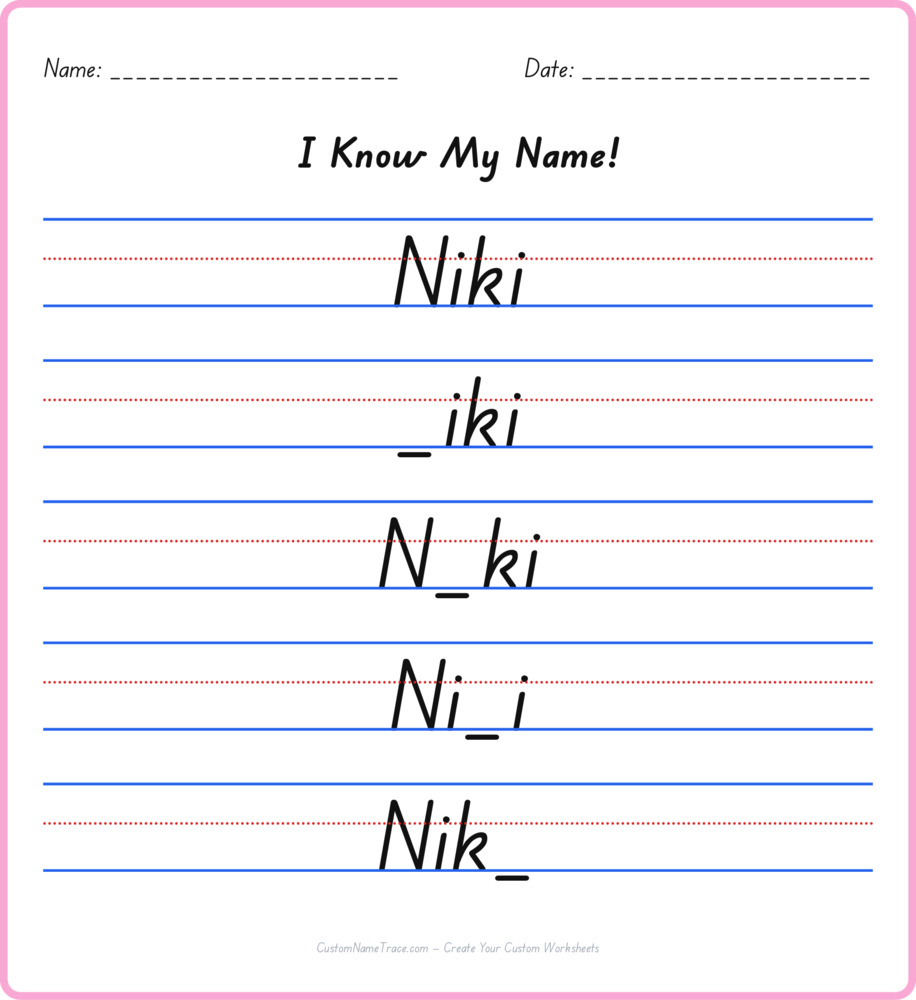 Free Niki custom name tracing - fill-in-the-blank free worksheet
