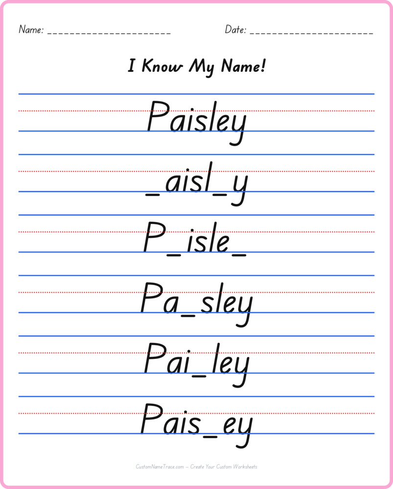 Free Paisley custom name tracing - fill-in-the-blank free worksheet
