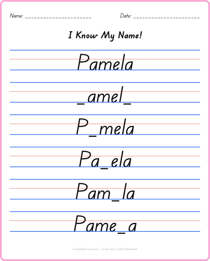 Free Pamela custom name tracing - fill-in-the-blank free worksheet