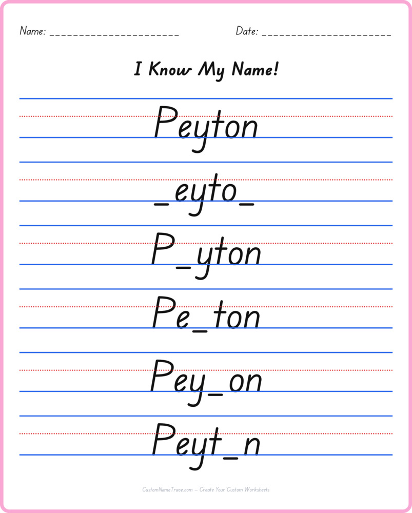 Free Peyton custom name tracing - fill-in-the-blank free worksheet