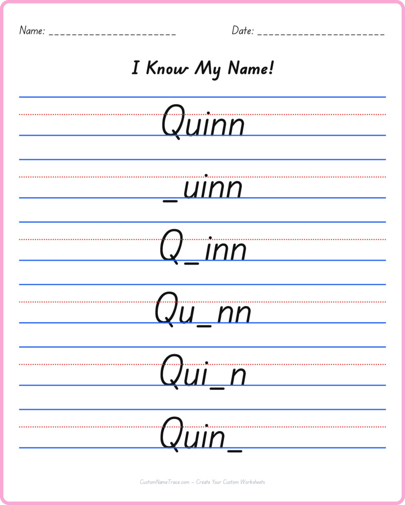 Free Quinn custom name tracing - fill-in-the-blank free worksheet