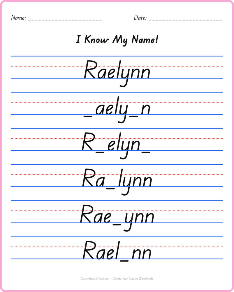 Free Raelynn custom name tracing - fill-in-the-blank free worksheet