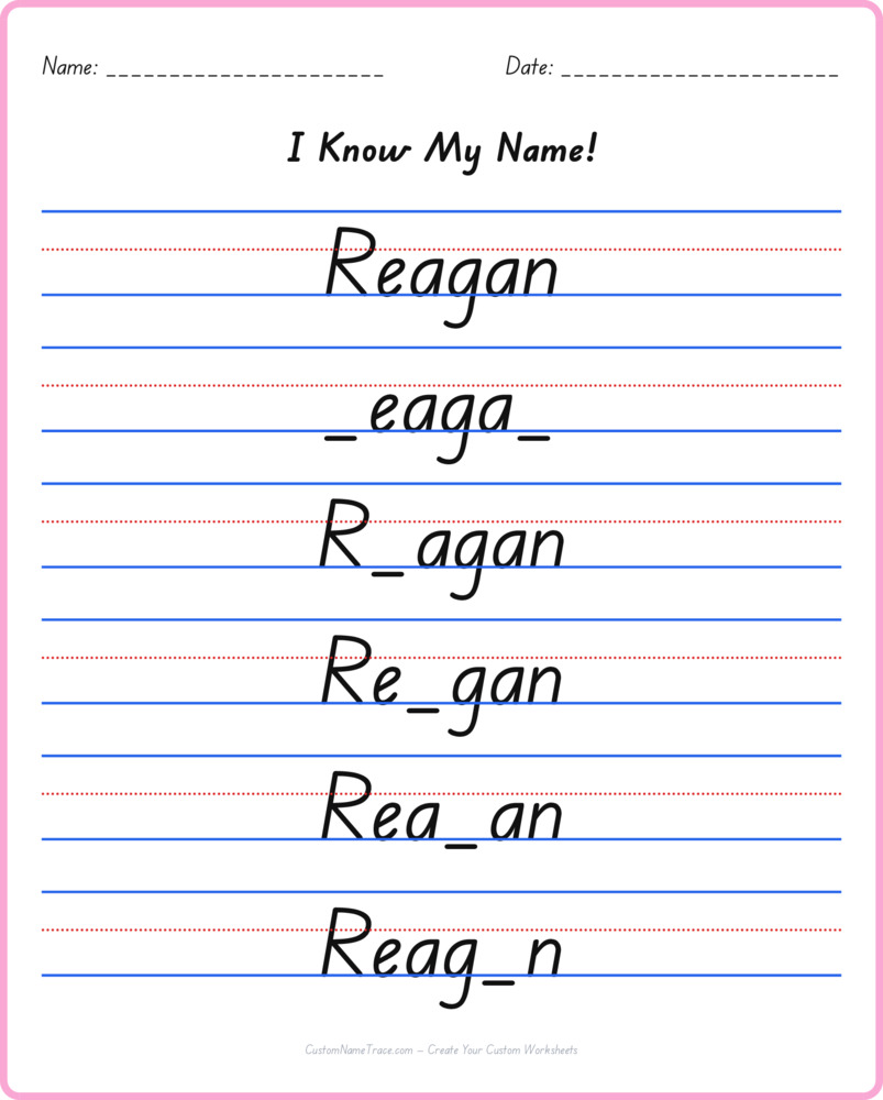 Free Reagan custom name tracing - fill-in-the-blank free worksheet
