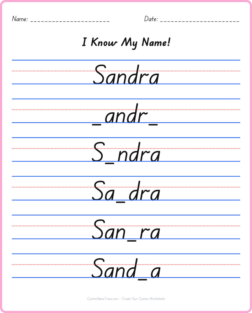 Free Sandra custom name tracing - fill-in-the-blank free worksheet
