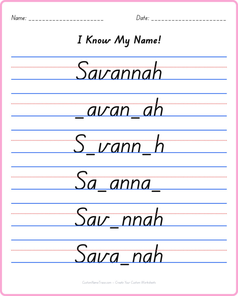 Free Savannah custom name tracing - fill-in-the-blank free worksheet