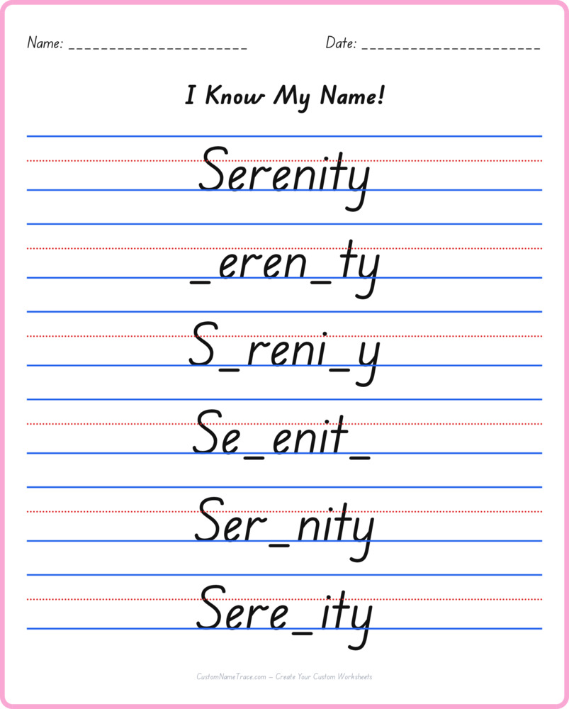 Free Serenity custom name tracing - fill-in-the-blank free worksheet