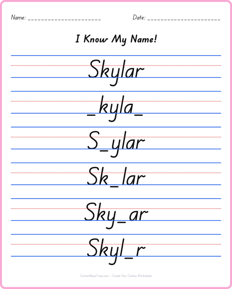 Free Skylar custom name tracing - fill-in-the-blank free worksheet