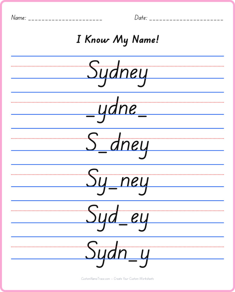 Free Sydney custom name tracing - fill-in-the-blank free worksheet