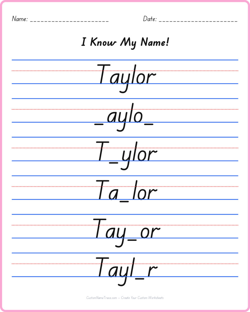 Free Taylor custom name tracing - fill-in-the-blank free worksheet
