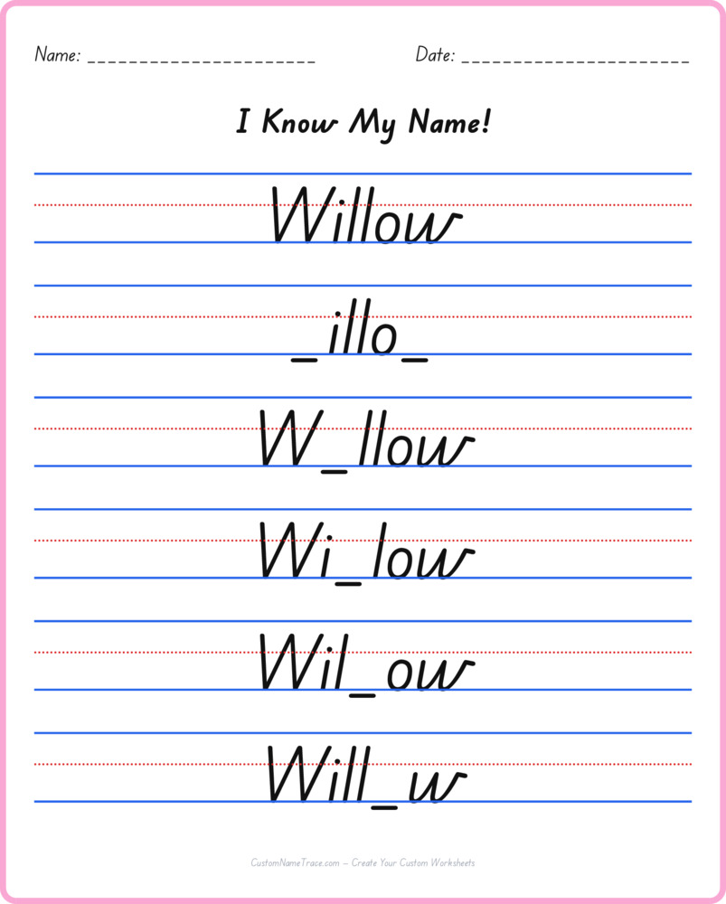 Free Willow custom name tracing - fill-in-the-blank free worksheet