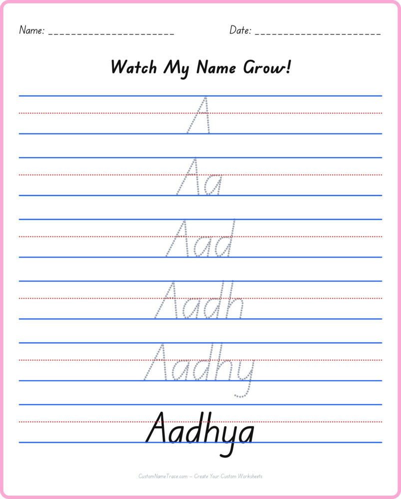 Free Aadhya custom name tracing - pyramid free worksheet