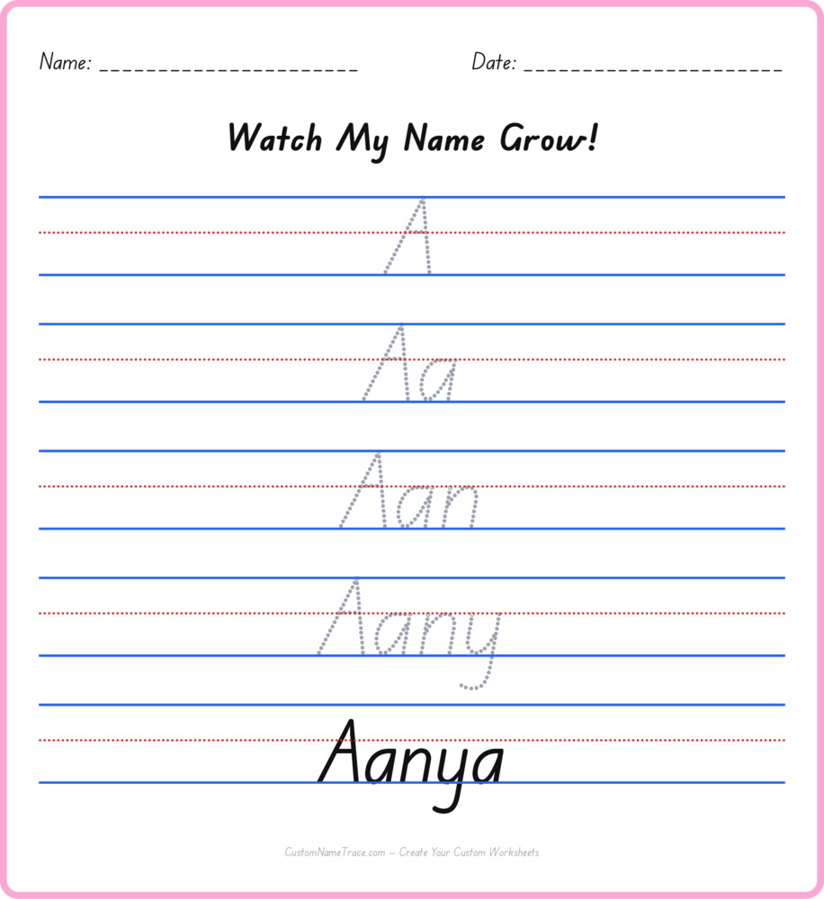 Free Aanya custom name tracing - pyramid free worksheet