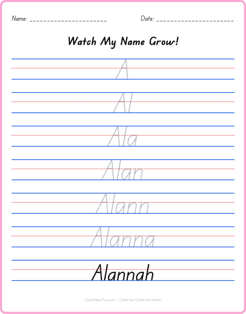 Free Alannah custom name tracing - pyramid free worksheet