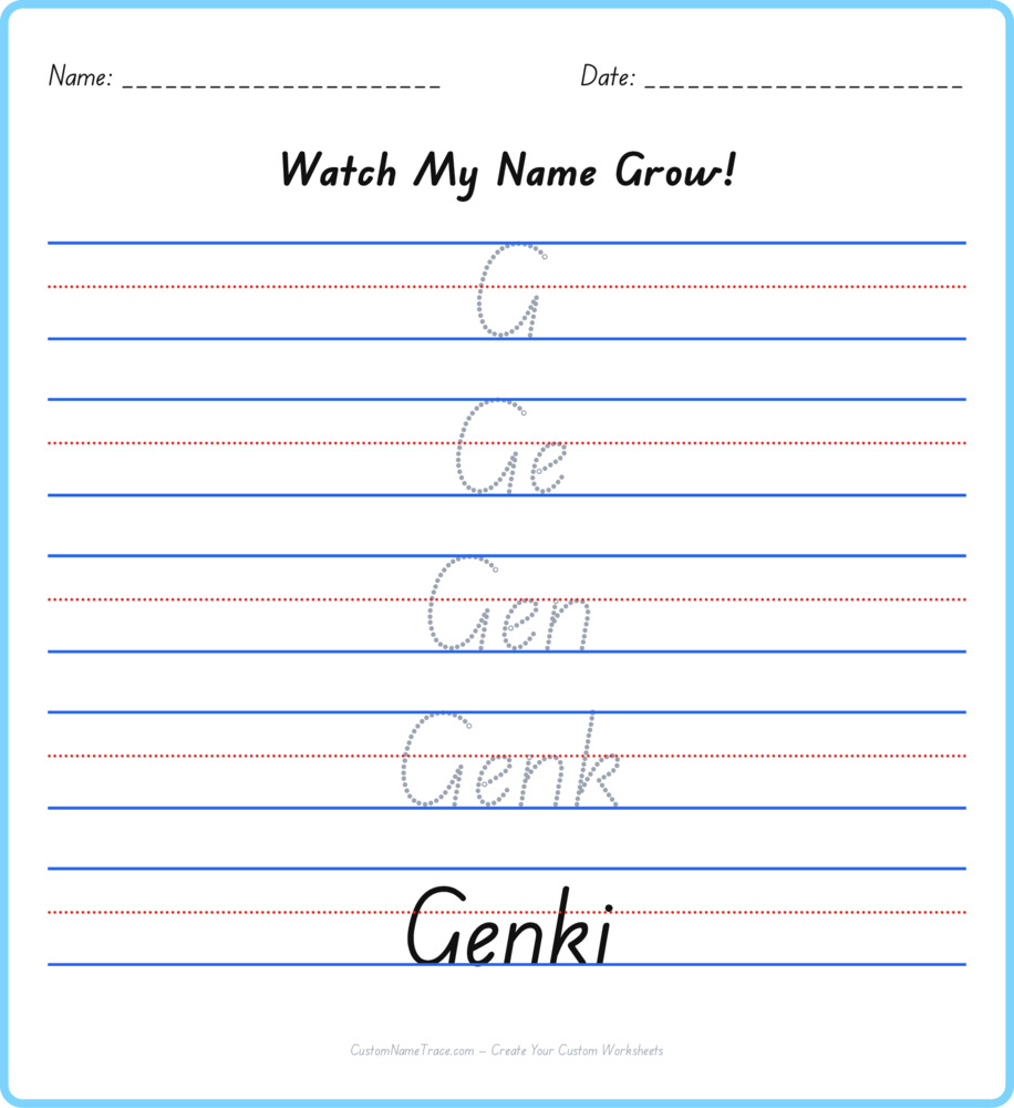 Free Genki custom name tracing - pyramid free worksheet
