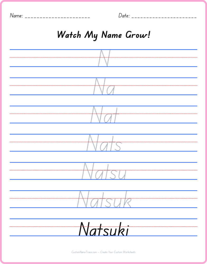 Free Natsuki custom name tracing - pyramid free worksheet
