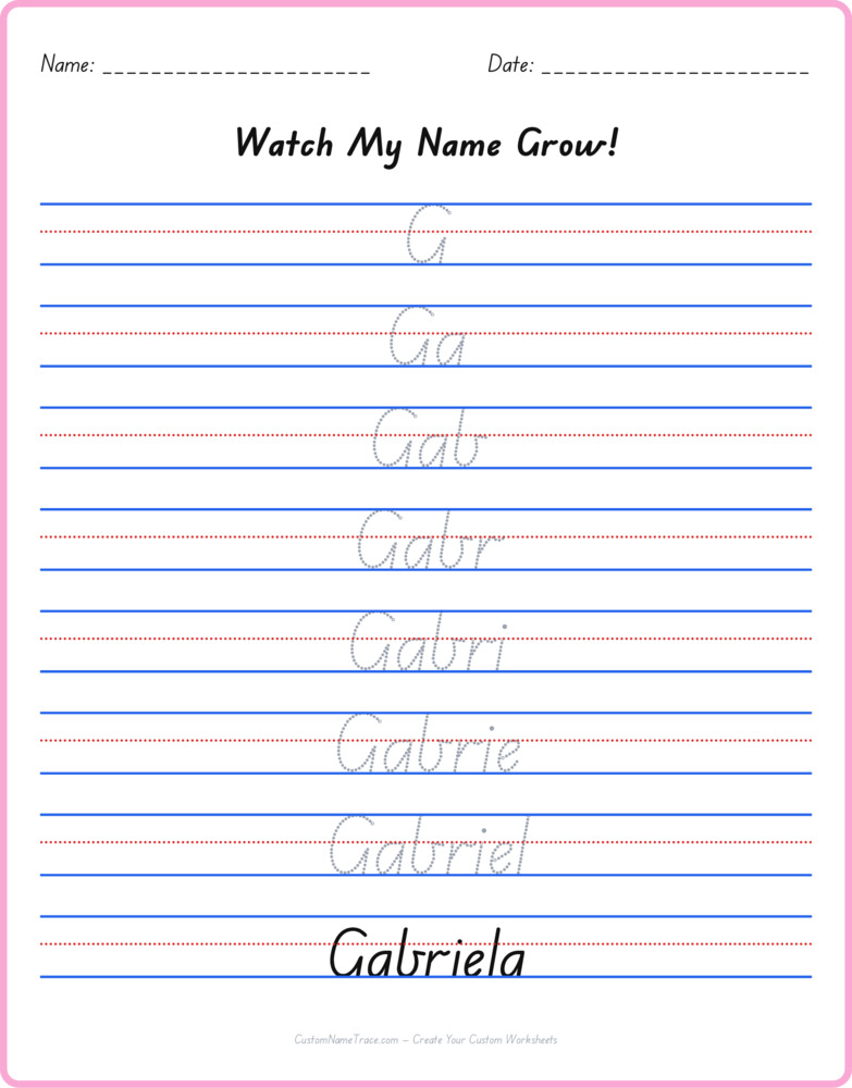 Free Gabriela custom name tracing - pyramid free worksheet