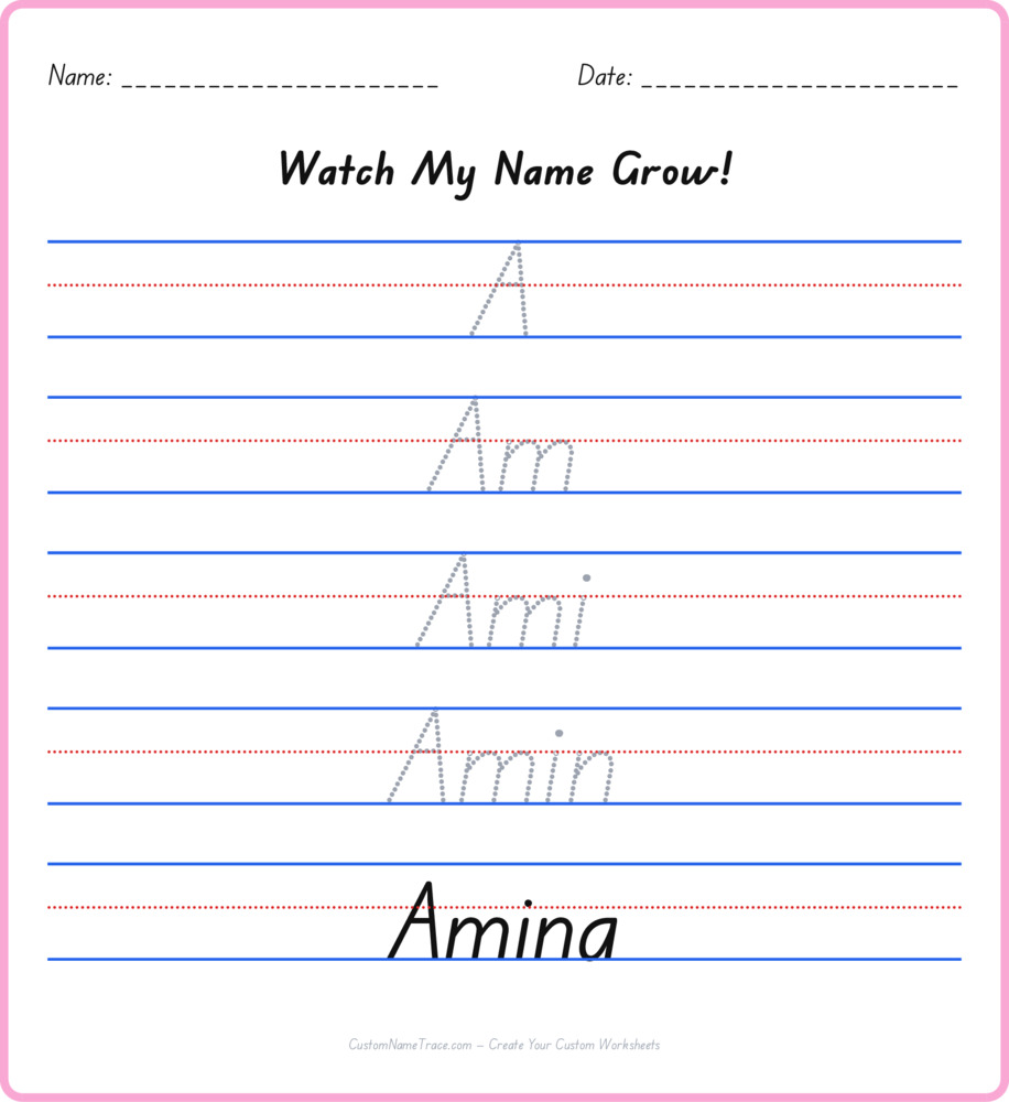 Free Amina custom name tracing - pyramid free worksheet