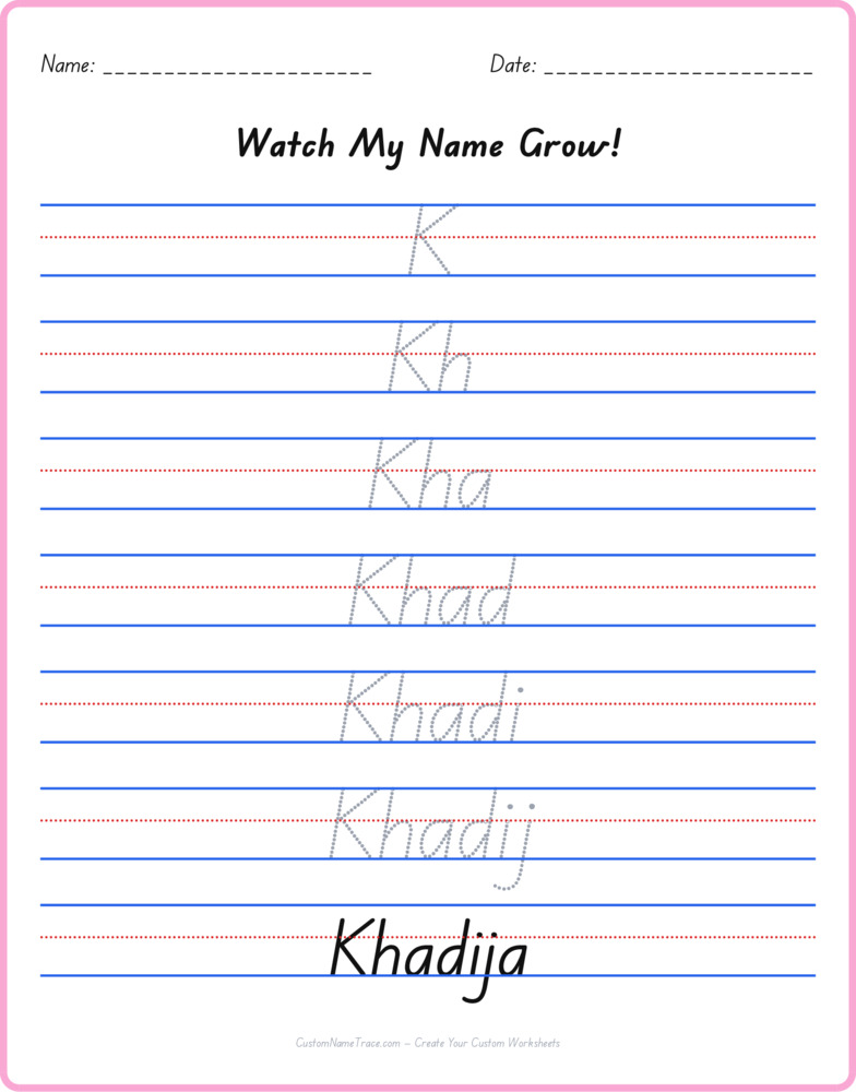 Free Khadija custom name tracing - pyramid free worksheet