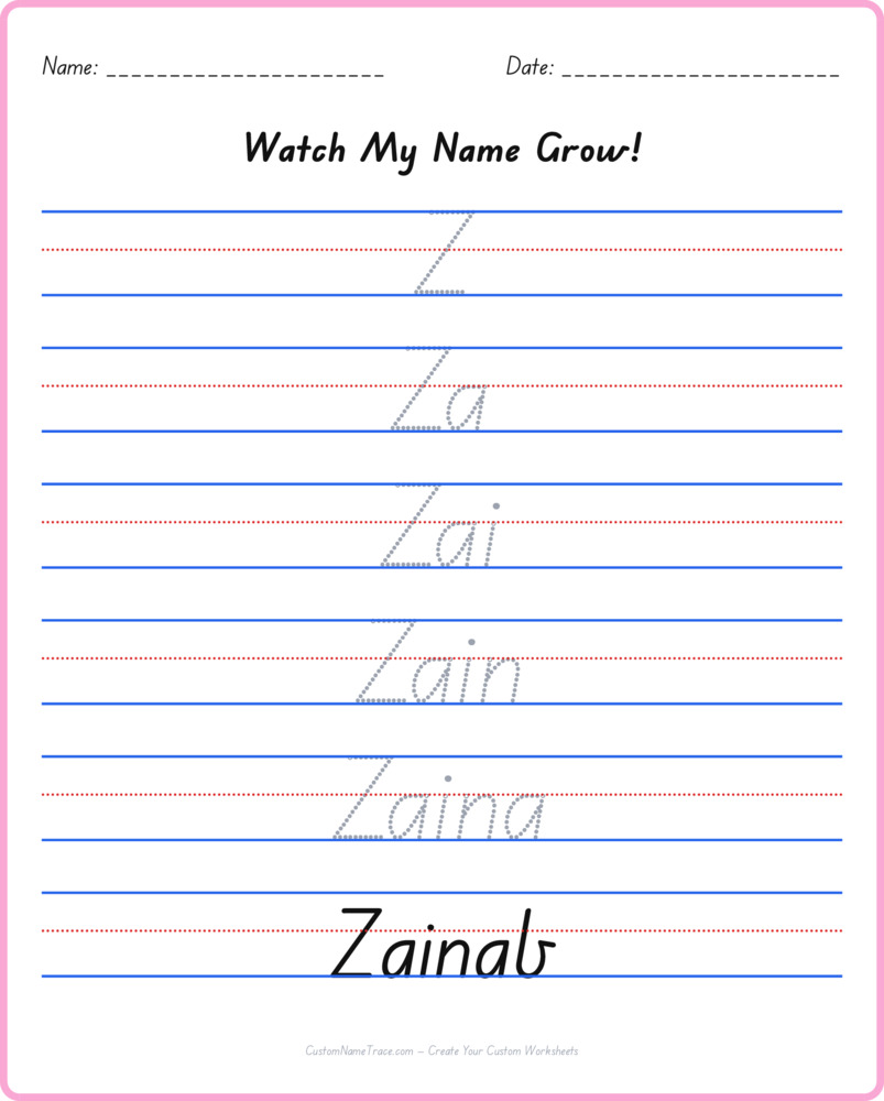 Free Zainab custom name tracing - pyramid free worksheet